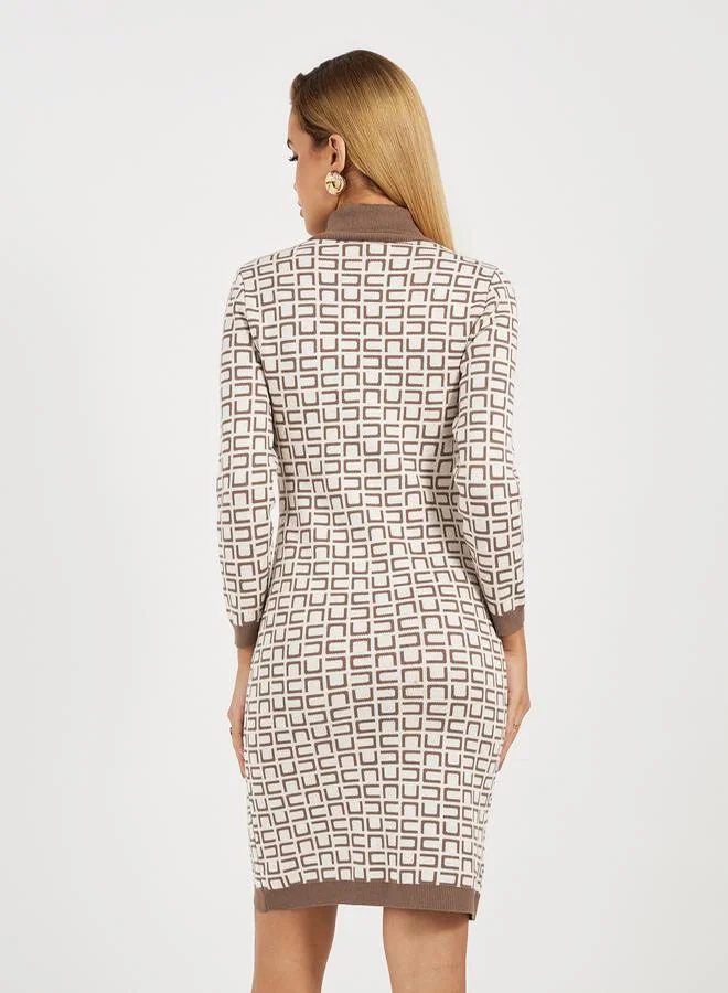 Styli Styli All Over Print 3/4th Sleeves Sweater Knee Length Dress