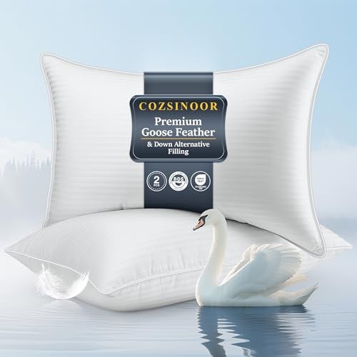 COZSINOOR Goose Feather Pillows Queen Size Set of 2 - Hotel Down Bed Pillow for Sleeping, Soft 600 TC Cotton Cover, Fluffy Support Surround Fill Down Alternative for Back, Stomach, Side Sleepers - Image 1