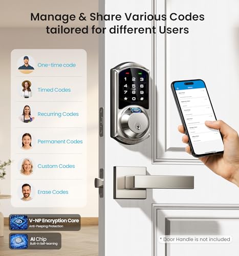 Veise VE07 Fingerprint Smart Door Lock, 7-in-1 Keyless Entry Deadbolt with App Control, Electronic Digital Touchscreen Keypad, Biometric Smart Locks for Front Door, Auto Lock, Satin Nickel - Image 4