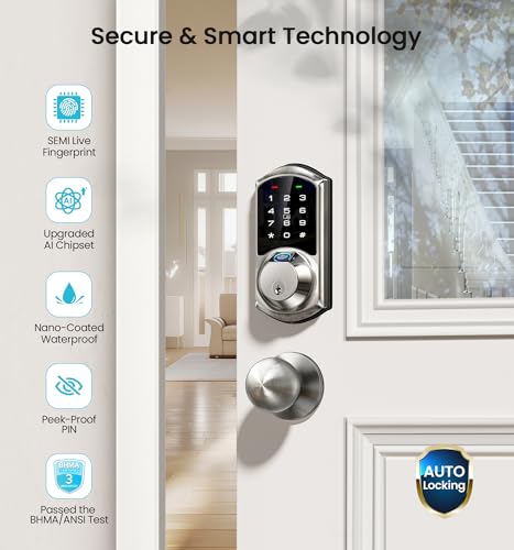 Veise VE07 Fingerprint Smart Door Lock, 7-in-1 Keyless Entry Deadbolt with App Control, Electronic Digital Touchscreen Keypad, Biometric Smart Locks for Front Door, Auto Lock, Satin Nickel - Image 5
