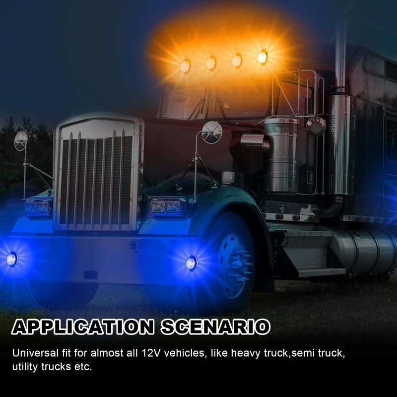 Wodvyss 2Pcs Dual Color Amber/Blue Watermelon Lights Amber Turn Signal Marker to Blue Auxiliary Interior Dome Lights Lamps for Semi Truck, w/Reflector Flush Mount Clear Lens Stainless Bezel - Image 5