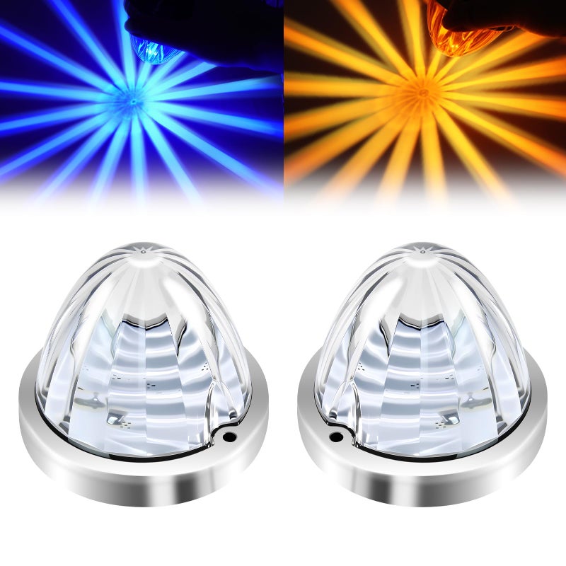 Wodvyss 2Pcs Dual Color Amber/Blue Watermelon Lights Amber Turn Signal Marker to Blue Auxiliary Interior Dome Lights Lamps for Semi Truck, w/Reflector Flush Mount Clear Lens Stainless Bezel - Image 1