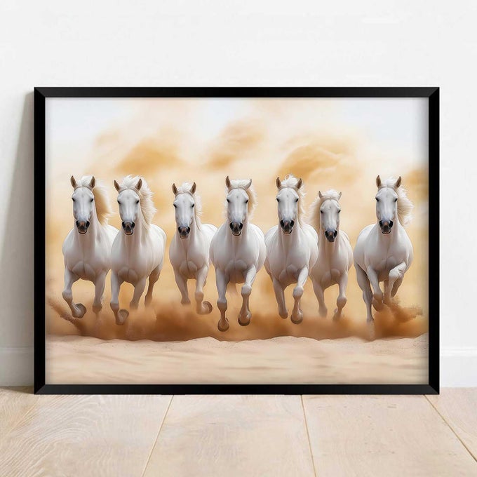 SEVEN RUNNING VASTU LUCKY HORSE 7 HORSES VASTU FRAME WALL ART PAINTING FOR LIVING ROOM BEDROOM OFFICE HOME DCOR RISING SUN PAINTING WALL DCOR SIZE 10X13 INCH