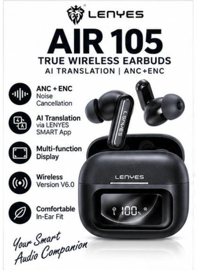 Lenyes Air 105 True Wireless Earbuds with ANC + ENC Noise Cancellation, AI Translation, Multi-Function Display, Wireless V6.0 & Type-C Charging – Black - Image 1