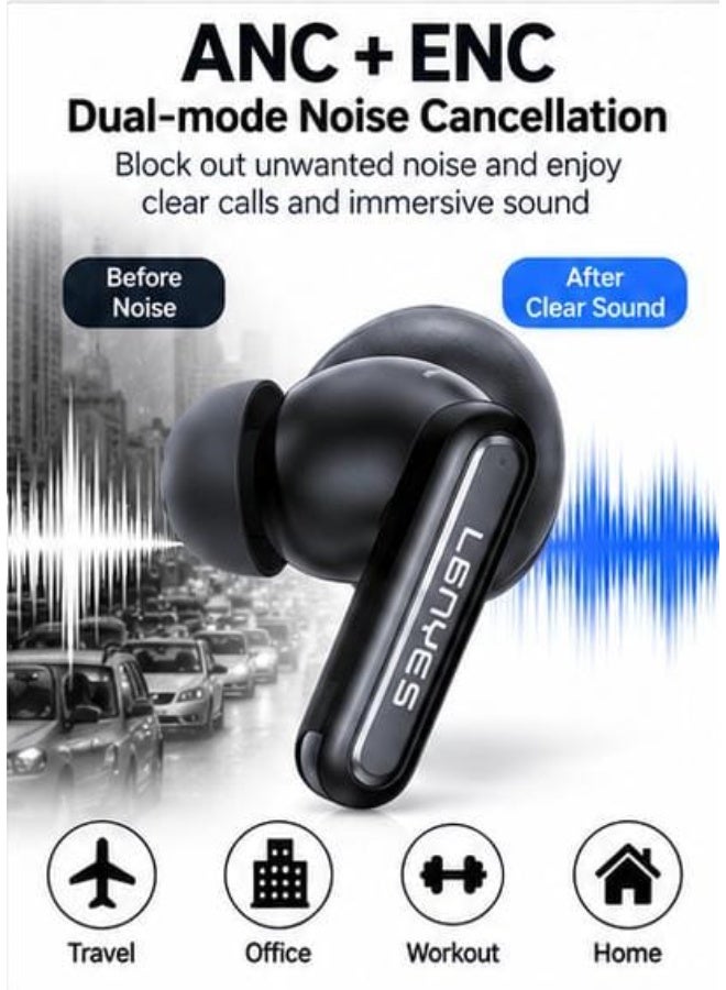 Lenyes Air 105 True Wireless Earbuds with ANC + ENC Noise Cancellation, AI Translation, Multi-Function Display, Wireless V6.0 & Type-C Charging – Black - Image 2