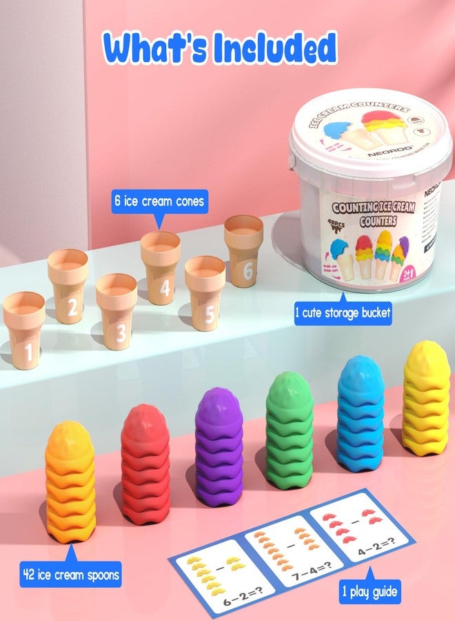 NEOROD Ice Cream Counting Toy, Ice Cream Toys for Toddlers 3-5, Preschool Learning Activities with Color Sorting Stacker, Fine Motor Skills Toys Set of 42 Scoops, 6 Cones & Container - Image 5
