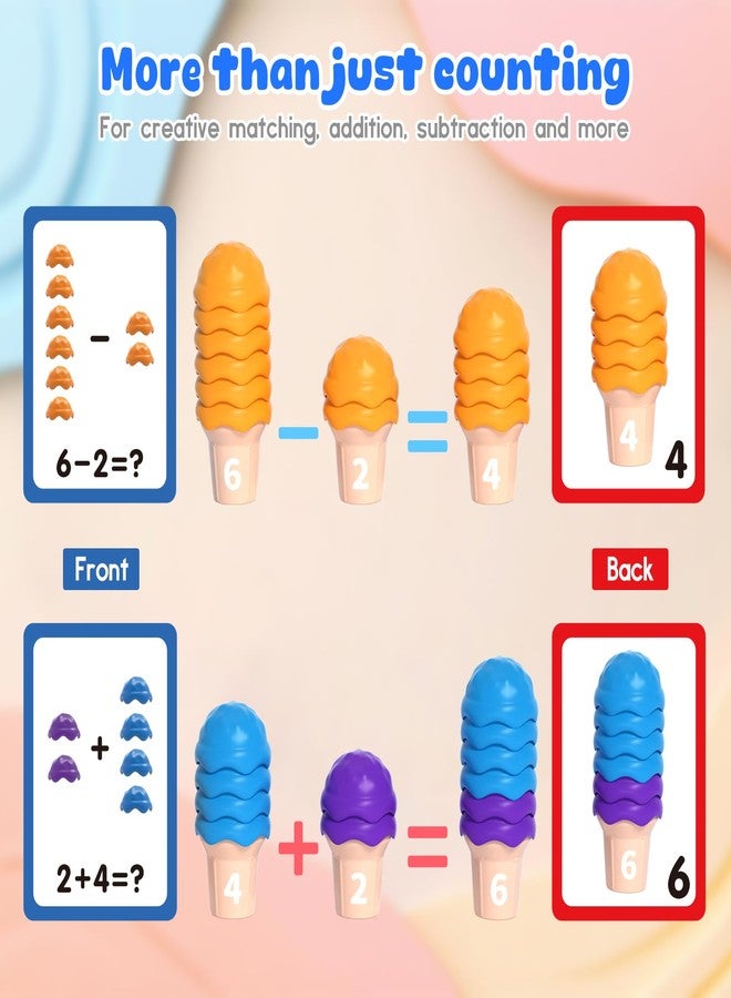 NEOROD Ice Cream Counting Toy, Ice Cream Toys for Toddlers 3-5, Preschool Learning Activities with Color Sorting Stacker, Fine Motor Skills Toys Set of 42 Scoops, 6 Cones & Container - Image 4
