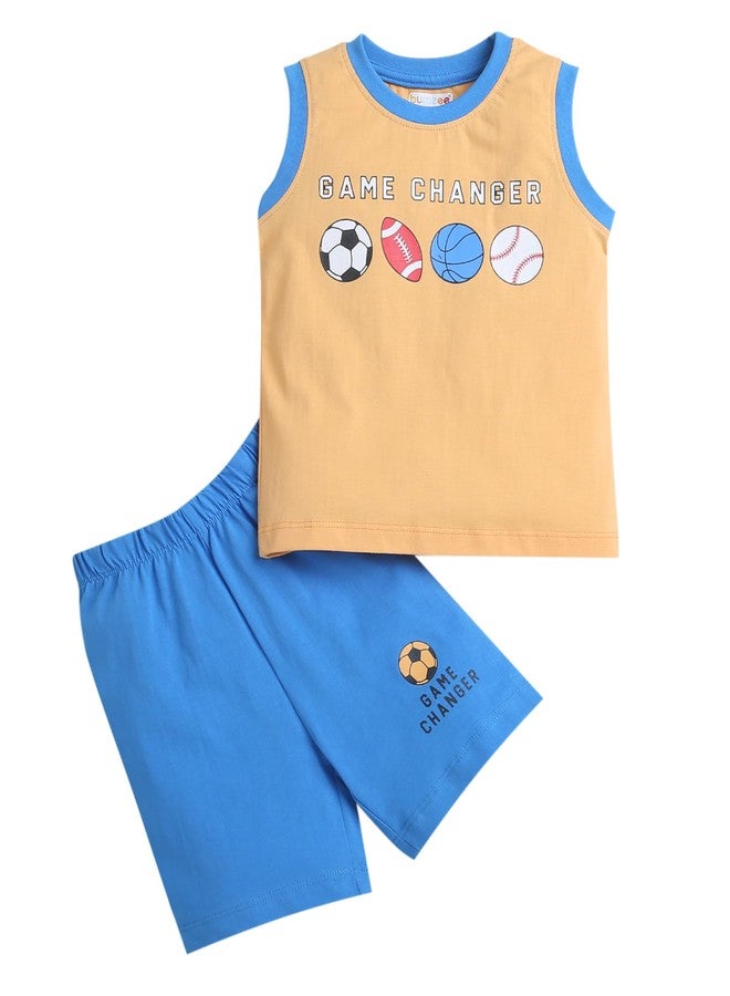 BUMZEE Blue & Orange Boys Sleeveless T-Shirt & Short Set Age - 6-12 Months (Peb9124C-blu.org) - Image 1