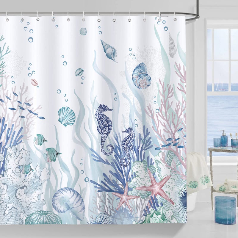 Bonhause Nautical Coastal Shower Curtain, Ocean Themed Seahorse Seashell Starfish Coral Beach Bathroom Decor 72x72 Inch Polyester Fabric Waterproof Bath Curtain with 12 Hooks - Image 1