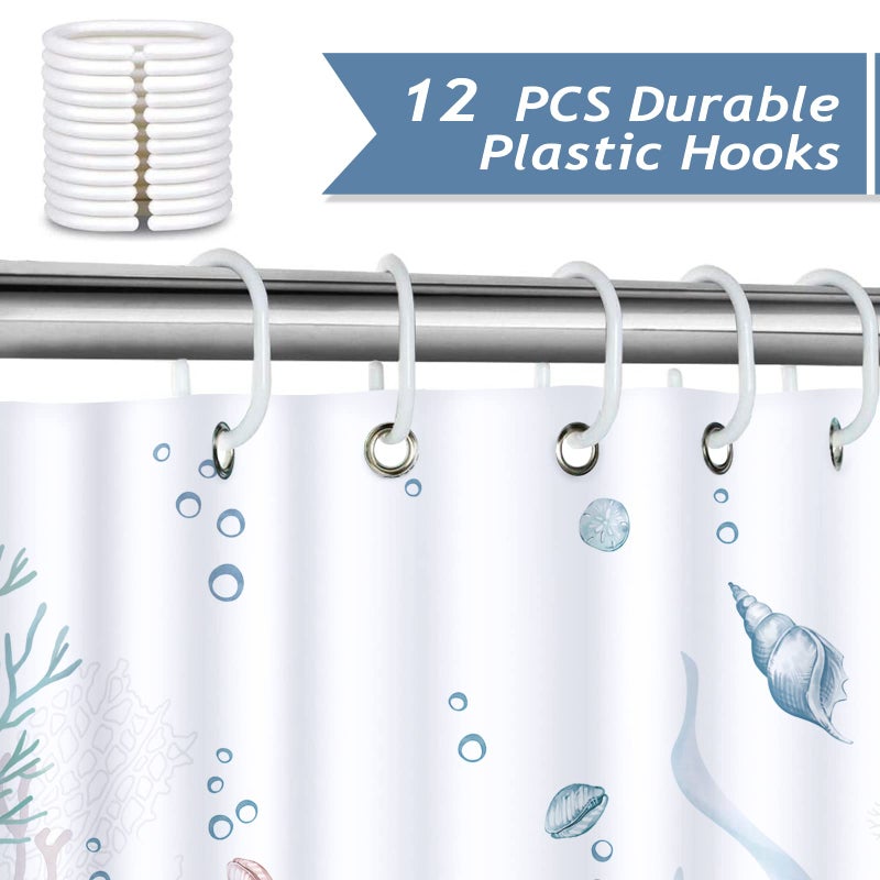 Bonhause Nautical Coastal Shower Curtain, Ocean Themed Seahorse Seashell Starfish Coral Beach Bathroom Decor 72x72 Inch Polyester Fabric Waterproof Bath Curtain with 12 Hooks - Image 3