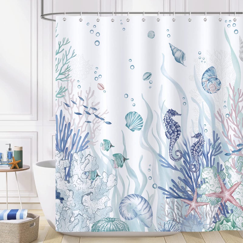 Bonhause Nautical Coastal Shower Curtain, Ocean Themed Seahorse Seashell Starfish Coral Beach Bathroom Decor 72x72 Inch Polyester Fabric Waterproof Bath Curtain with 12 Hooks - Image 2