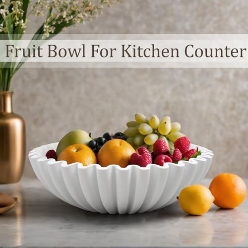 LIN CHUAN Ruffle Decorative Bowl, Large Fruit Bowl for Kitchen Counter, Stylish Key Bowl for Entry Table, Handcrafted Home Decor Display bowl, White - Image 5