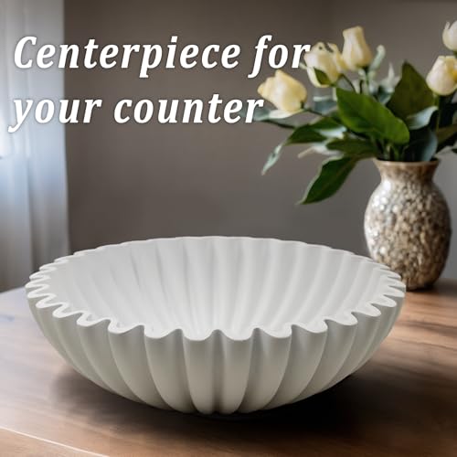 LIN CHUAN Ruffle Decorative Bowl, Large Fruit Bowl for Kitchen Counter, Stylish Key Bowl for Entry Table, Handcrafted Home Decor Display bowl, White - Image 3