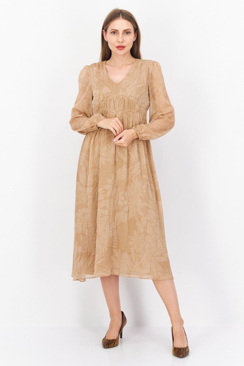 INC Women Dot Print Chiffon Dress, Beige - Image 1