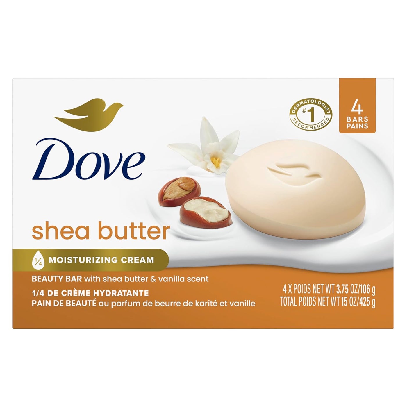 Dove Beauty Bar Soap Shea Butter 4 Count for Nourished Radiant Skin Enriches Skin 375 oz