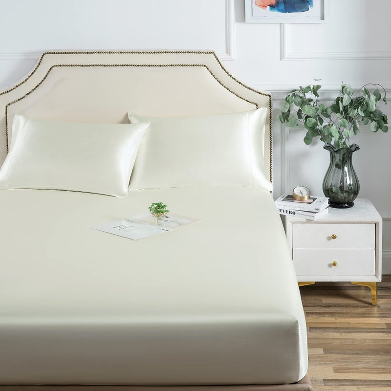 Luxbedding Satin Fitted Sheet  Queen Fitted Sheet Only  1 - Piece Ultra Soft Deep Pocket Single Silk Bottom Bed Sheet Queen - Ivory 