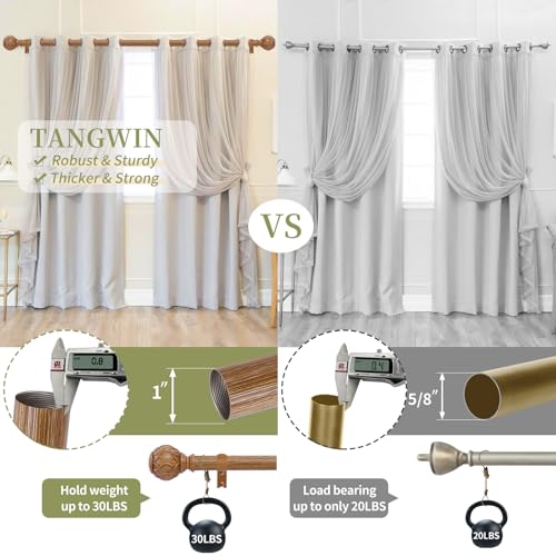 TANGWIN 2 Pack Wood Curtain Rods for Windows 48 to 84 Inch(4-7ft),1 Inch Adjustable Curtain Rod,Heavy Duty Curtain Rods,Wooden Netted Texture Drapery Rods,Single Window Curtain Rod 36-88",Brown Wood - Image 3