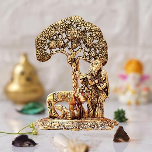 CHHARIYA CRAFTS Metal Radha Krishna Idol with Cow Calf Statue Murti for Home Decoration, Gift Items for Anniversary, Wedding, House Warming, Return Gift Showpieces - Image 1
