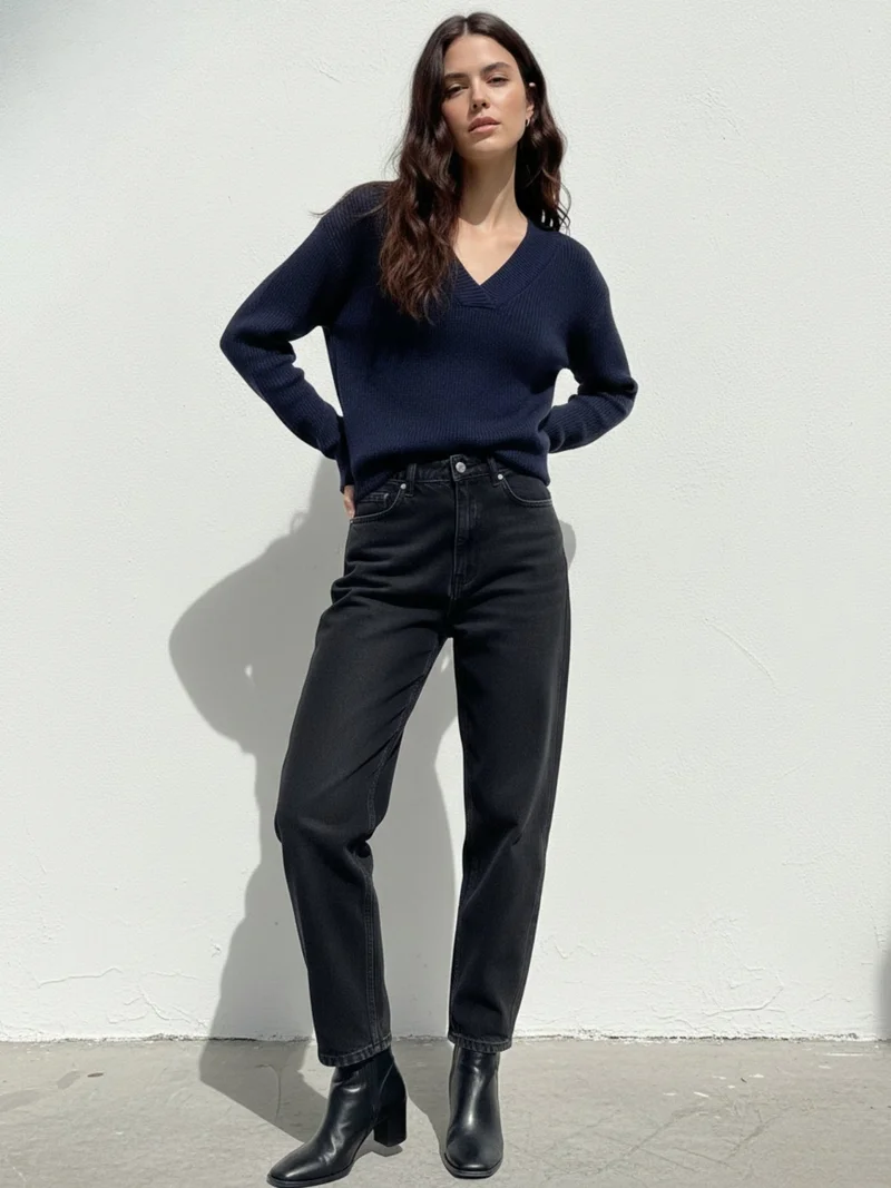 Outzidr  Navy Blue Full Sleeve V Neck Sweater  | Best Price UAE