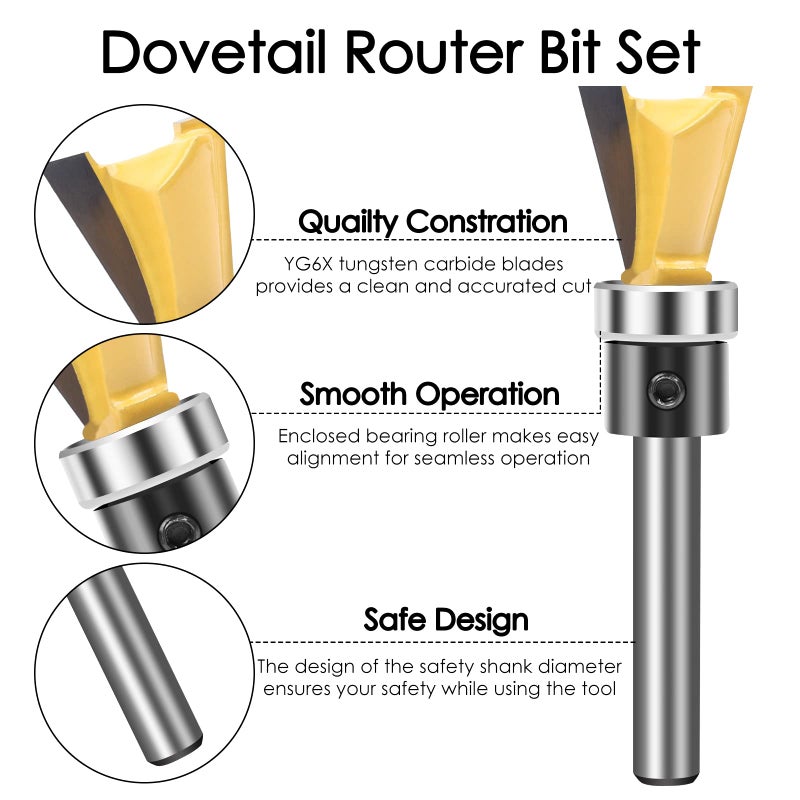 KOWOOD Dovetail Router Bits 2 Pieces with Bearing ,1/4 Inch Shank ,Cutting Dia in 1/2" 5/8",Dovetail Joint Router Bit Set for Making Boxes Drawers Chestsï¼ŒGreat for Craftsman Woodworking - Image 2