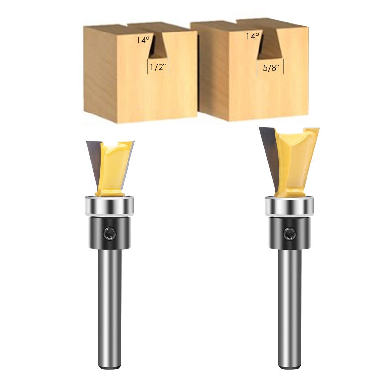 KOWOOD Dovetail Router Bits 2 Pieces with Bearing ,1/4 Inch Shank ,Cutting Dia in 1/2" 5/8",Dovetail Joint Router Bit Set for Making Boxes Drawers Chestsï¼ŒGreat for Craftsman Woodworking - Image 4