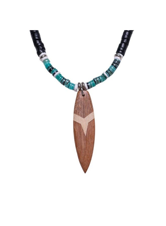 BlueRica Wood Surfboard Pendant on Black Coconut Beads & Green Heishi Shells Necklace - Image 1
