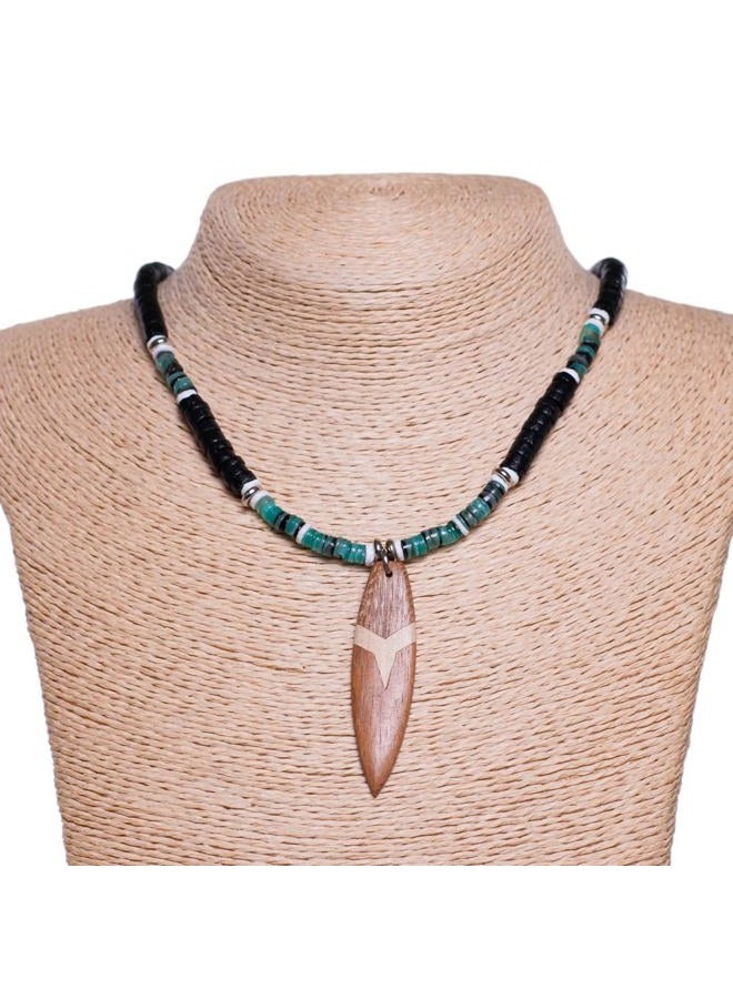 BlueRica Wood Surfboard Pendant on Black Coconut Beads & Green Heishi Shells Necklace - Image 3