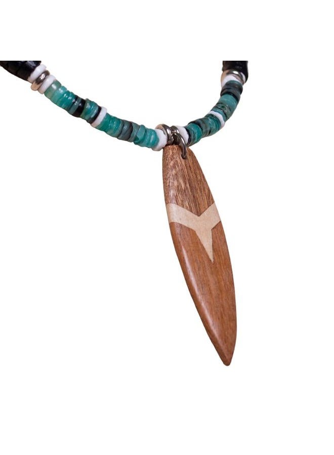 BlueRica Wood Surfboard Pendant on Black Coconut Beads & Green Heishi Shells Necklace - Image 4