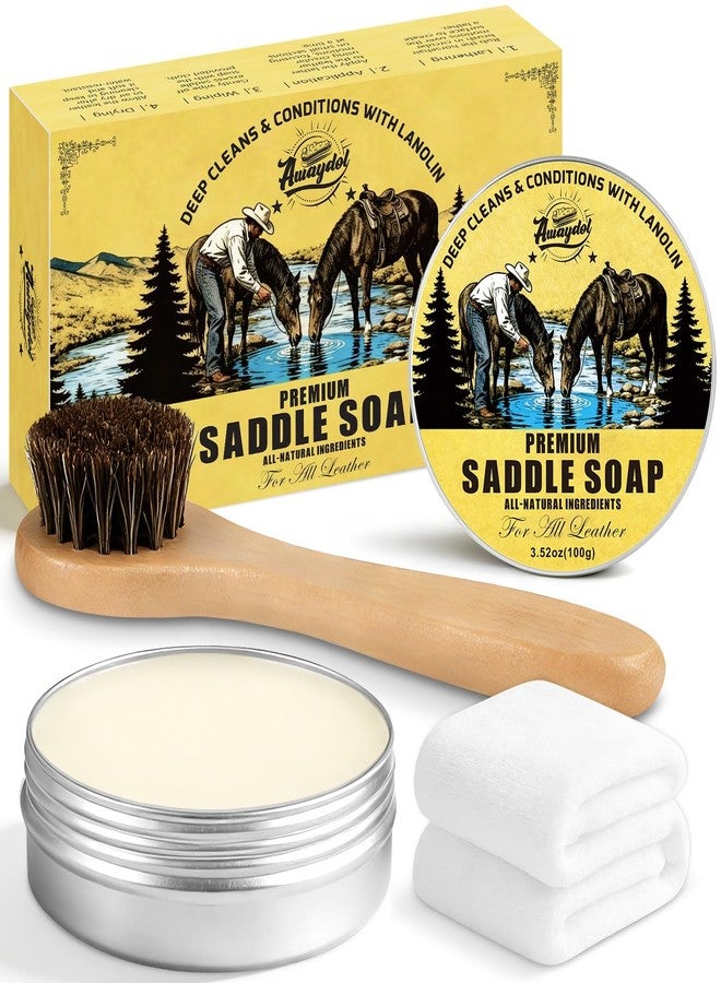 Awaydol Saddle Soap for Leather 3.52oz,3-in-1 Leather Cleaner & Conditioner to Soften,Protect Leathercraft with Horsehair Brush & Cloth,Leather Soap for Car Interior,Couch,Shoe,Purse,Boot,Bag & Saddle - Image 1