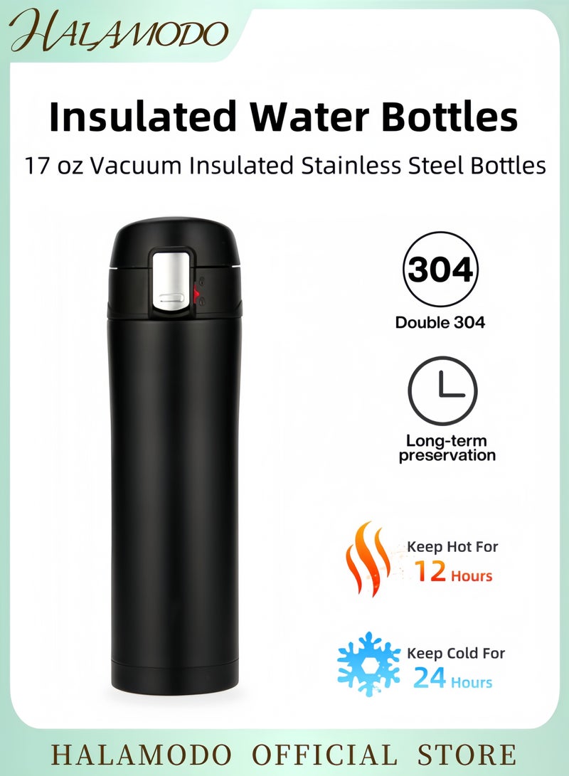 Halamodo Sleek Matte Black Vacuum Insulated Stainless Steel Travel Mug One-Handed Flip Lid Leak-Proof Water Bottle for All-Day Hot & Cold Beverage Use - Image 1