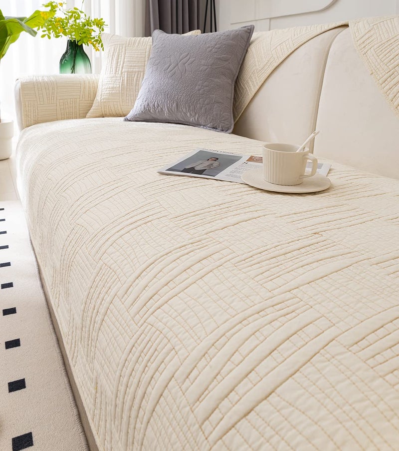 XSlive Farmhouse Couch Cover Solid Color Neutral Sofa Cover Soft Cotton Quilted Sectional Couch Covers Non Slip Washable Sofa Slipcover Furniture Protector for Living Room (Ivory B,28"x28") - Image 4