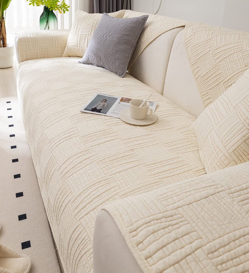 XSlive Farmhouse Couch Cover Solid Color Neutral Sofa Cover Soft Cotton Quilted Sectional Couch Covers Non Slip Washable Sofa Slipcover Furniture Protector for Living Room (Ivory B,28"x28") - Image 5