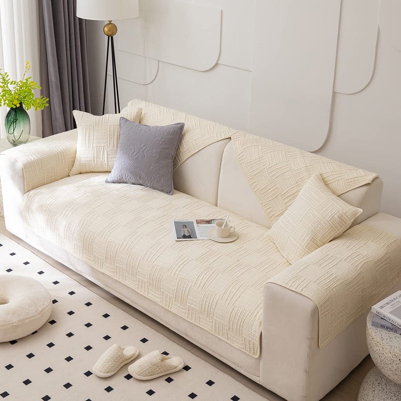 XSlive Farmhouse Couch Cover Solid Color Neutral Sofa Cover Soft Cotton Quilted Sectional Couch Covers Non Slip Washable Sofa Slipcover Furniture Protector for Living Room (Ivory B,28"x28") - Image 3