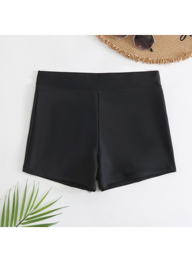 Loquat 2023 Pure Black High Waist Boxer Swim Trunks Women's European And American Short Swimsuit Swimming Single Lower-Color:Black- - Image 1