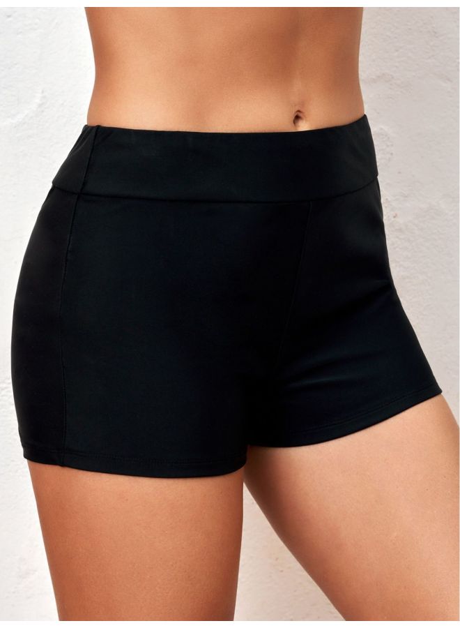 Loquat 2023 Pure Black High Waist Boxer Swim Trunks Women's European And American Short Swimsuit Swimming Single Lower-Color:Black- - Image 4