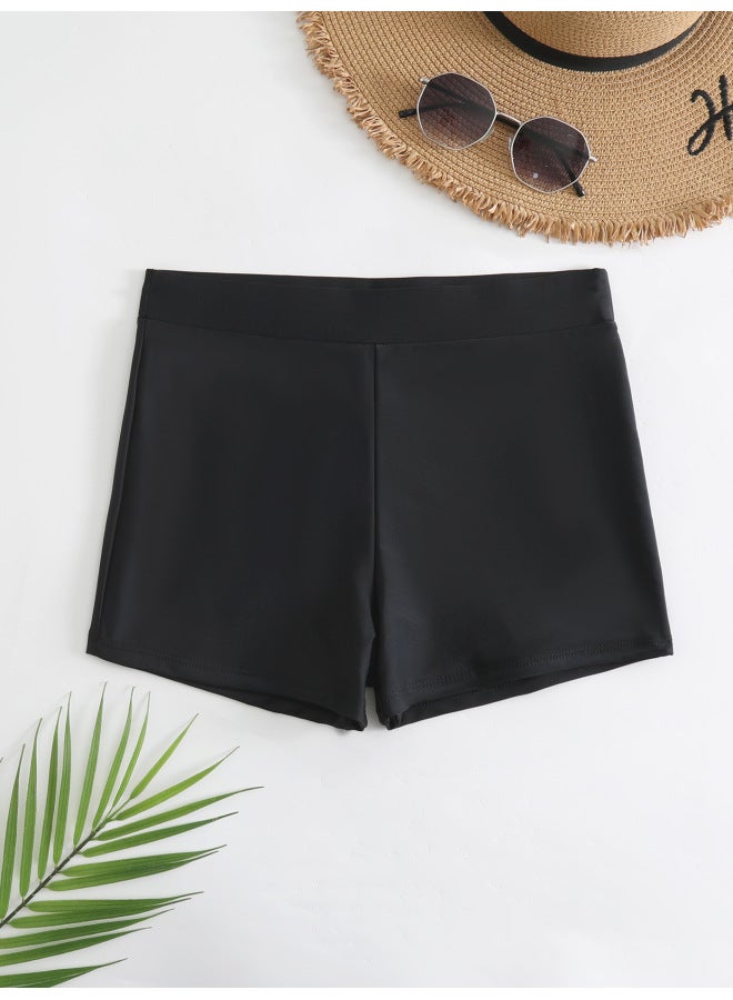 Loquat 2023 Pure Black High Waist Boxer Swim Trunks Women's European And American Short Swimsuit Swimming Single Lower-Color:Black- - Image 5