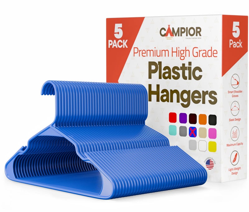 Campior Plastic Clothes Hangers â€“ Heavy Duty Hanger Set, for Organizing Clothes, Dresses, and Coat, Holds Up to 5 lbs, Space-Saving Hangers with Non-Slip Shoulder Grooves, Pack of 5, Blue - Image 1
