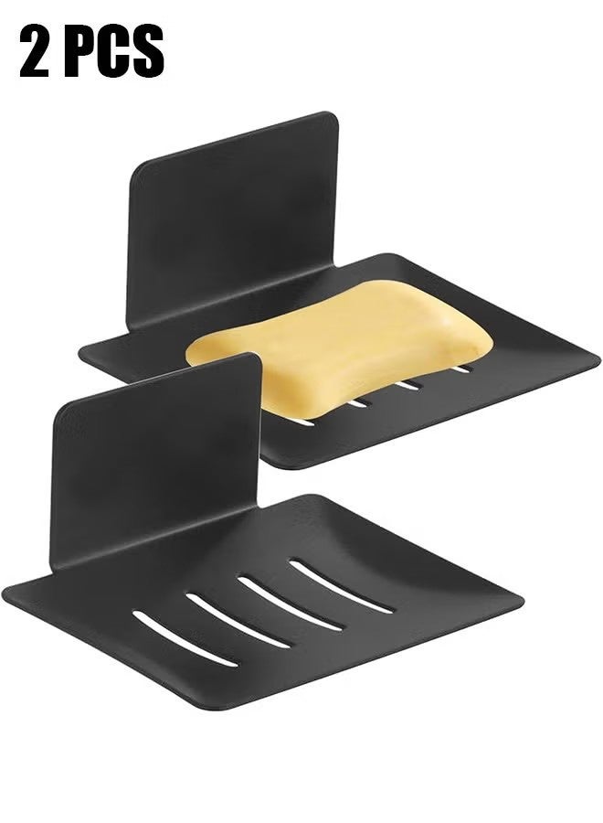 واي جيه 2 PCS شلال صحن الصابون، صينية صابون من الفولاذ المقاوم للصدأ الأسود، شريط لاصق حامل الصابون مع التصريف، وعاء توفير الصابون للحمام/الحمام/المطبخ/أعلى منضدة - Image 1