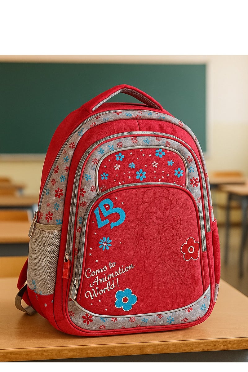 President Floral Print School Backpack Red and Blue Design with Multiple Compartments Water Bottle Holder - Image 5