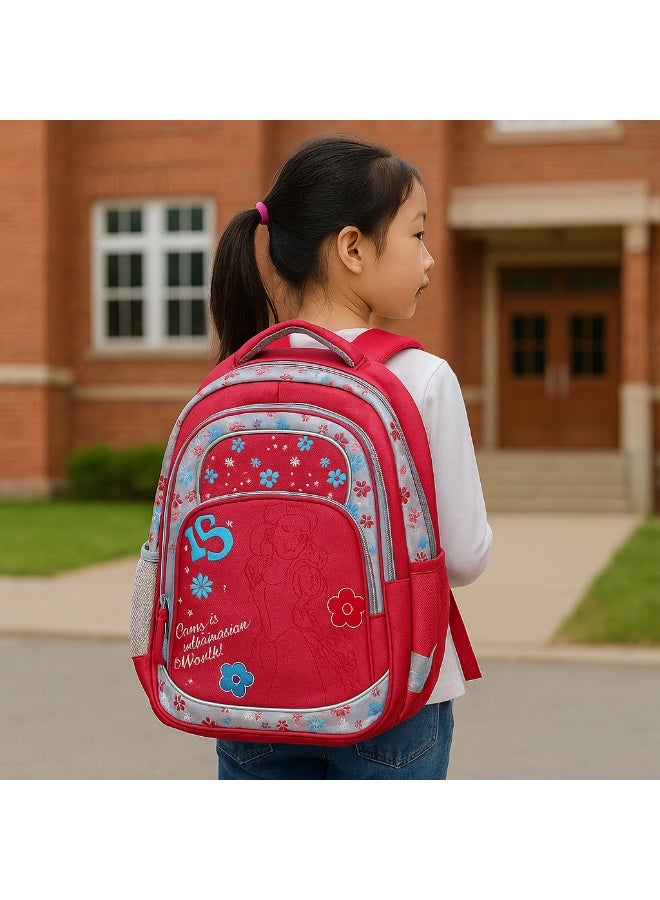 President Floral Print School Backpack Red and Blue Design with Multiple Compartments Water Bottle Holder - Image 3