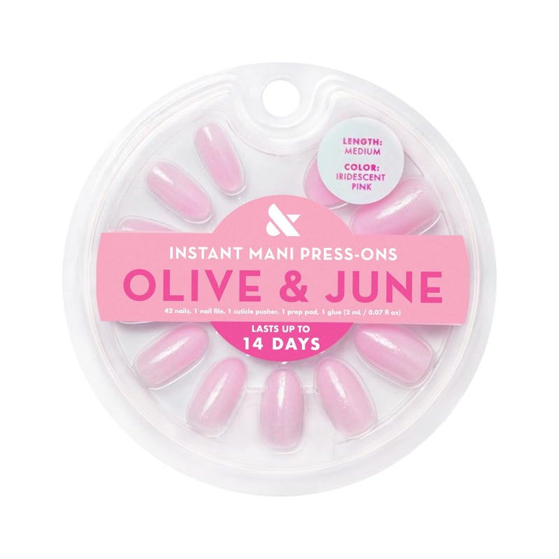 Olive & June Instant Mani Press-On Nails (Glue) | 42 Fake Nails, 21 Sizes | Non-Toxic, Long-Lasting Recycled Materials Realistic Look | Spring Flowers & Patterns | Medium, Oval | Iridescent Pink - Image 2