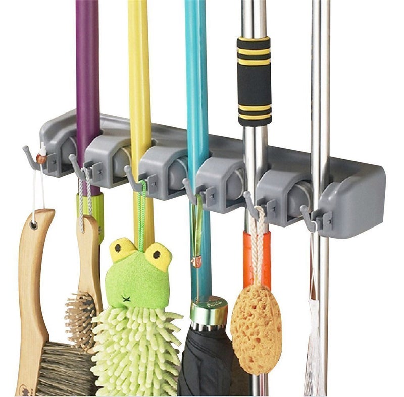 Esup Mop and Broom Holder Broom Organizer Wall Mounted for Your Closet with Limited Space Holds MopsBroomsDustpanShovel 5 Ball Slots and 6 Hooks - Image 1