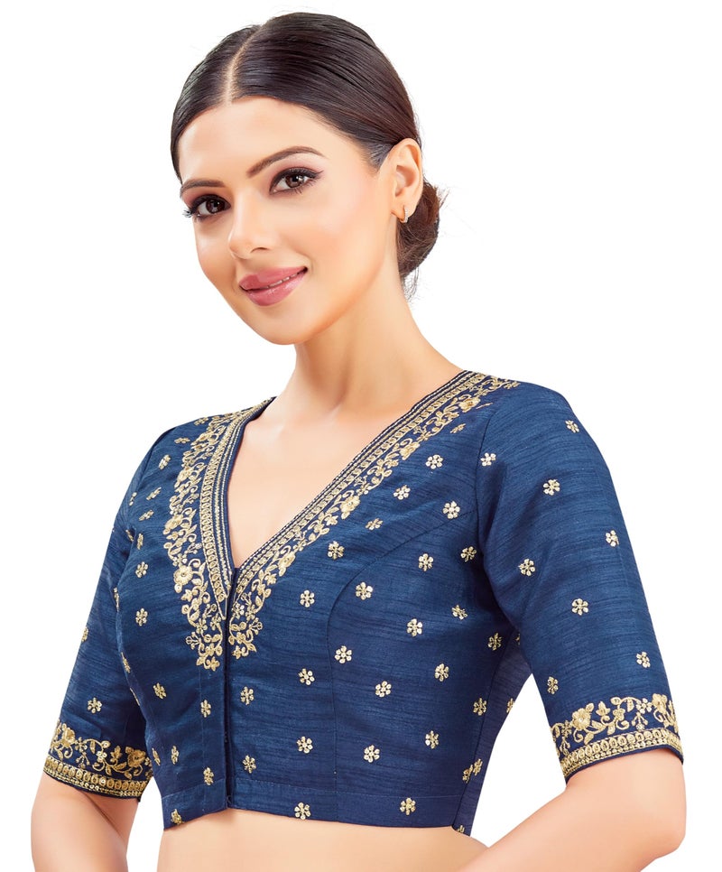 Studio Shringaar Women's Embroidered Wedding Saree Blouse (Navy Blue, 38) - Image 3