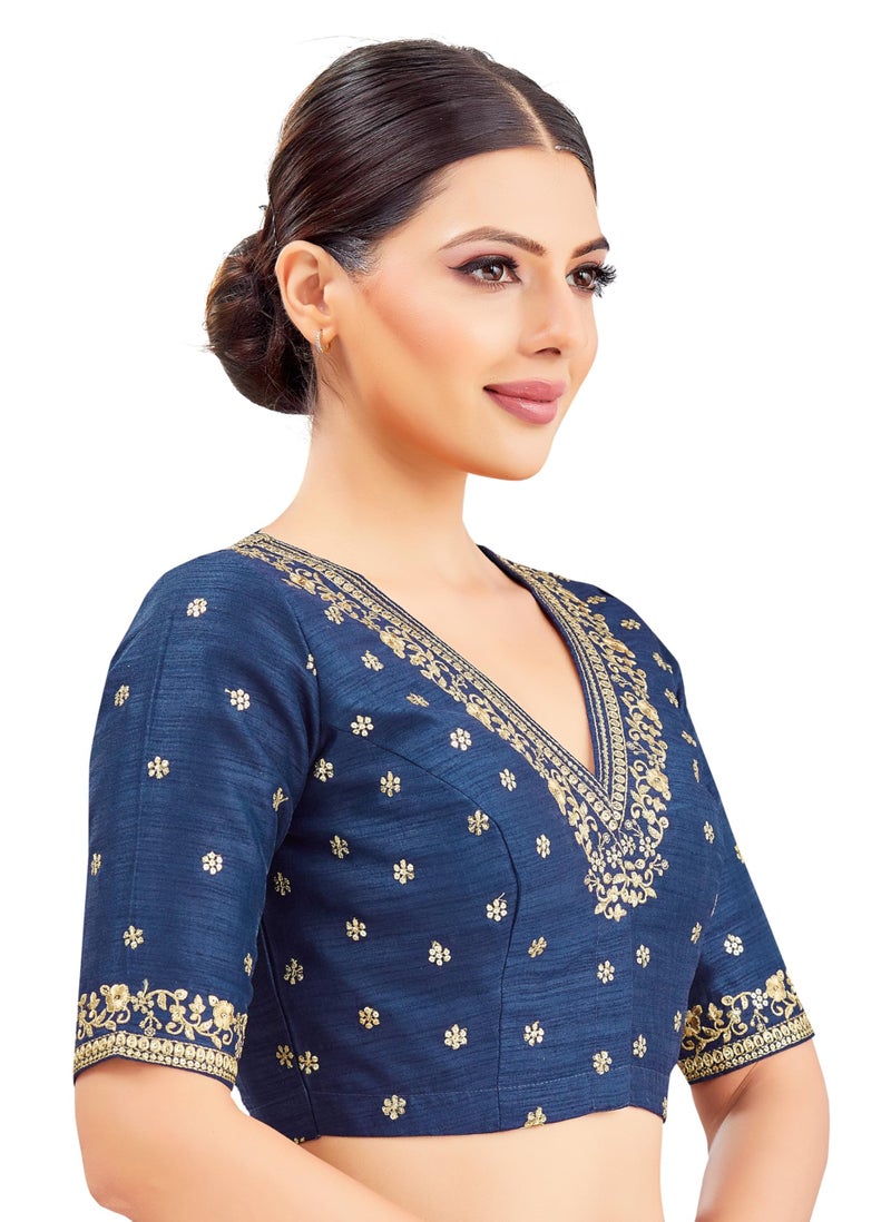 Studio Shringaar Women's Embroidered Wedding Saree Blouse (Navy Blue, 38) - Image 4