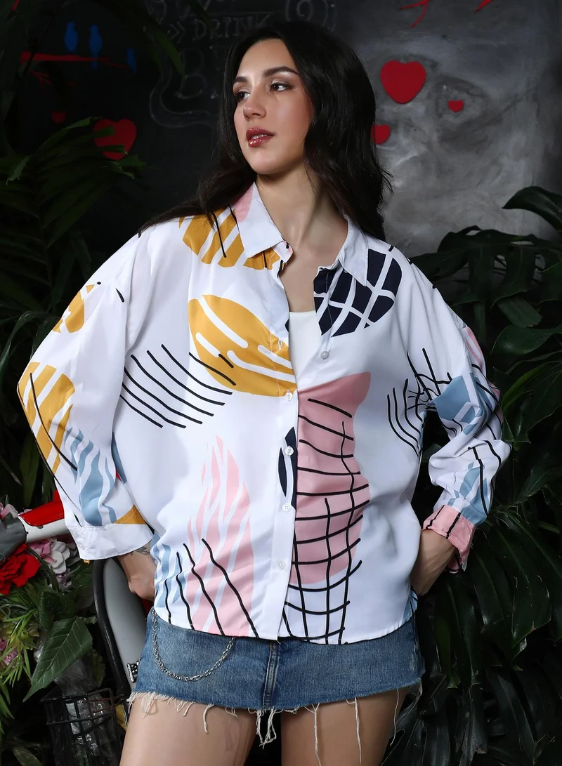 PINACOLADA Women's Contrast-Foliage Imprint Oversized Shirt | Spread Collar , Long Button-Cuff Sleeves, Button Closure | Abstract Print Plain Woven Shirt For Casual & Daily Wear | Cream White