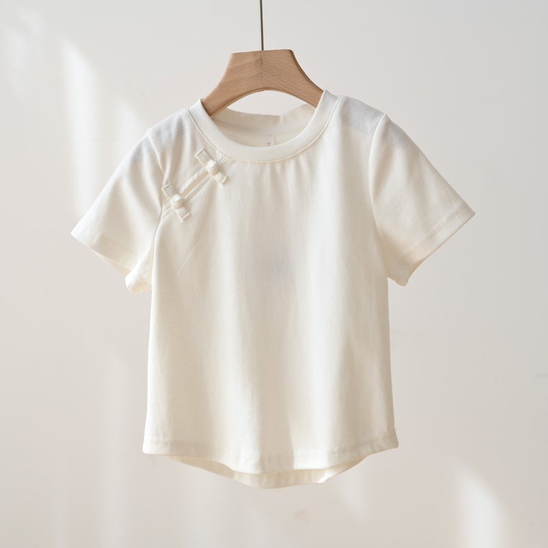 Girls' New Chinese Style National Style Short T-Shirt Irregular Children'S Solid Color Stretch Top Summer Children'S Wear - Image 1