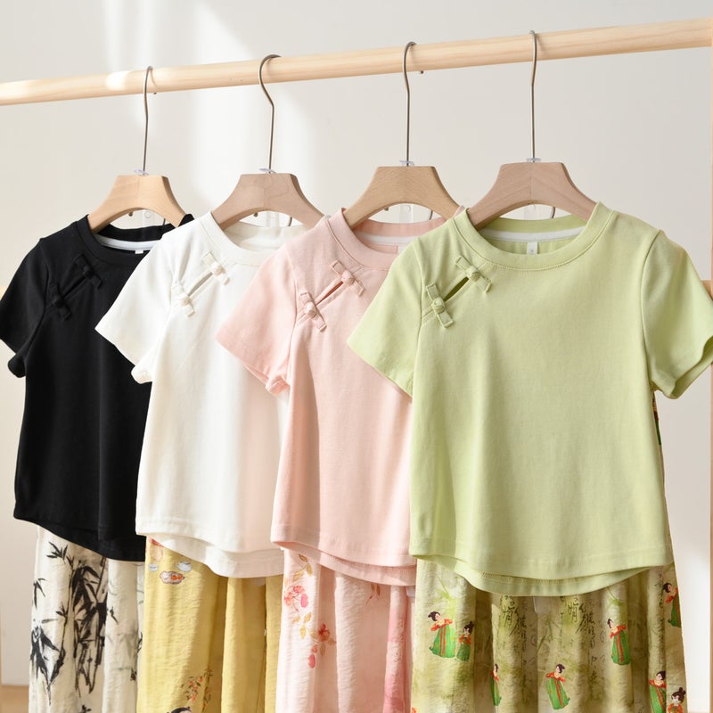 Girls' New Chinese Style National Style Short T-Shirt Irregular Children'S Solid Color Stretch Top Summer Children'S Wear - Image 3