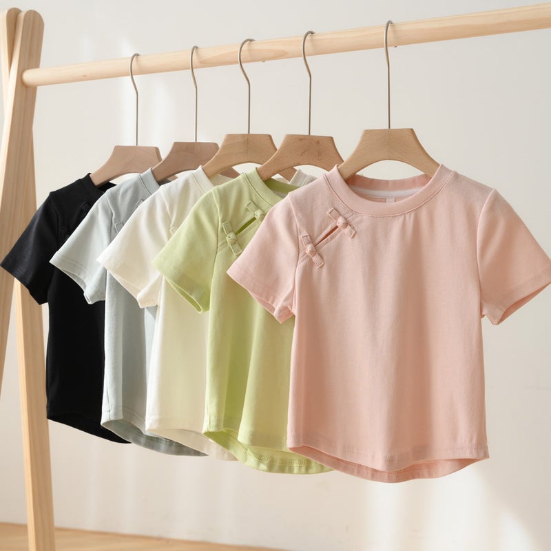 Girls' New Chinese Style National Style Short T-Shirt Irregular Children'S Solid Color Stretch Top Summer Children'S Wear - Image 2