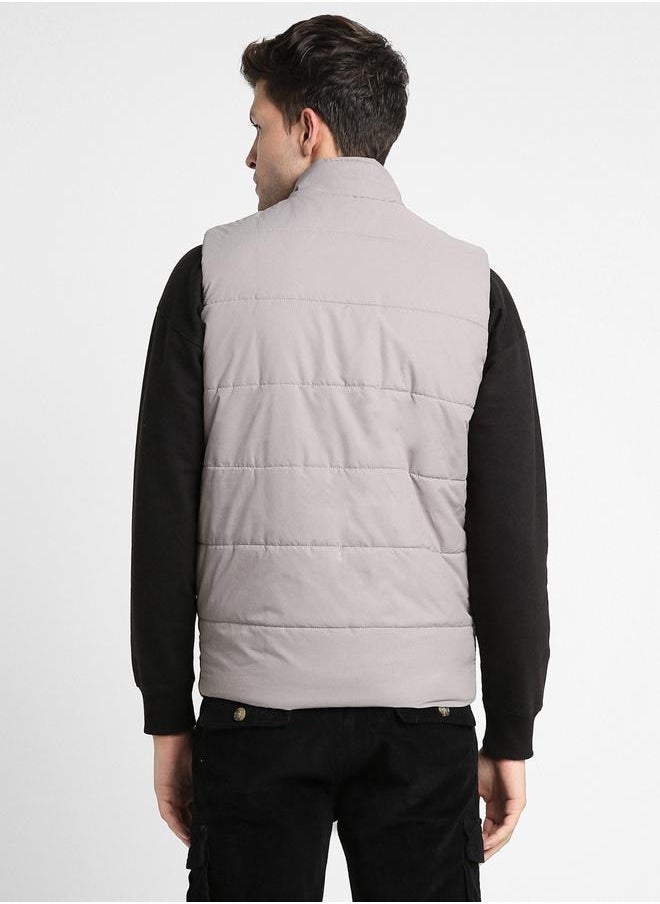 Dennis Lingo - Light Grey Regular Fit Men's Colourblocked Stand Collar Sleeveless Polyester Jacket with Zipper Closure - Image 1