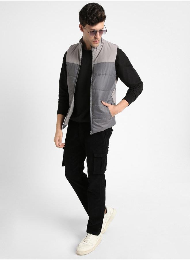 Dennis Lingo - Light Grey Regular Fit Men's Colourblocked Stand Collar Sleeveless Polyester Jacket with Zipper Closure - Image 1